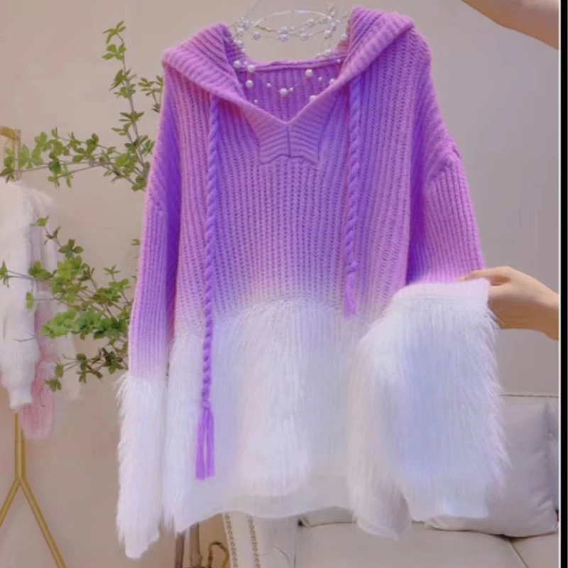 中长款渐变色毛衣女秋冬新款仿水貂连帽外穿宽松慵懒风减龄针织衫