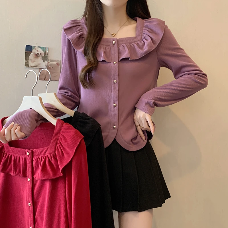 2024新款胖mm大码女高级感遮肉显瘦荷叶边方领针织上衣20629