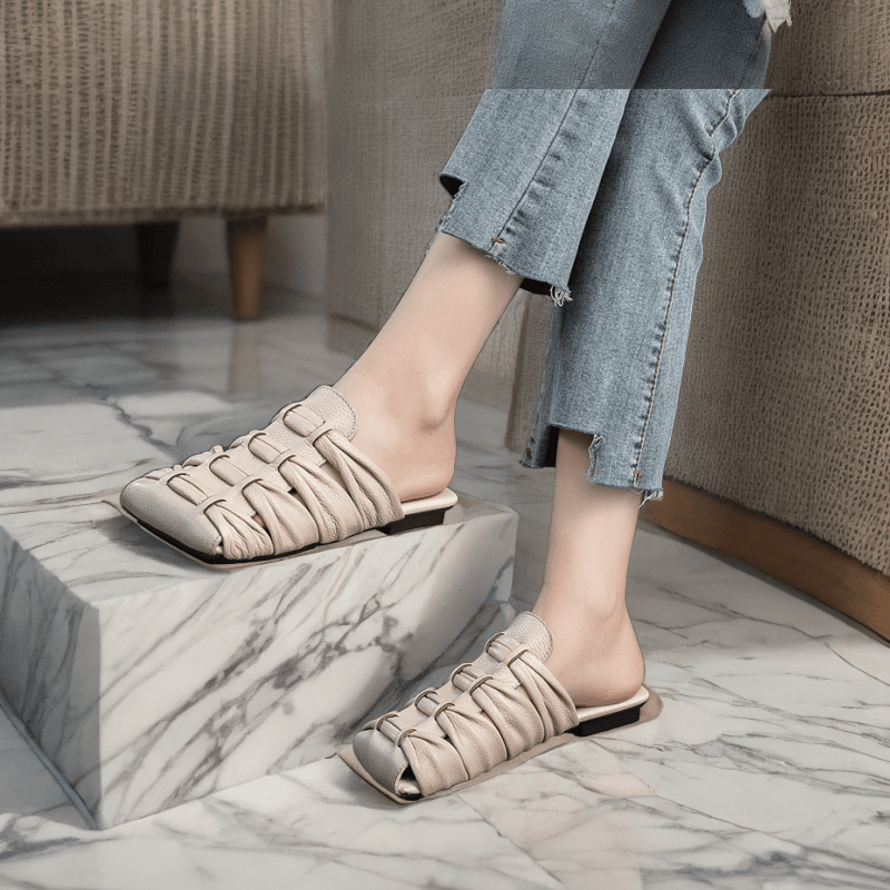 tongxin/桐信 【真皮】透气包头编织平底拖鞋气质外穿简约复古女鞋2024夏季新款