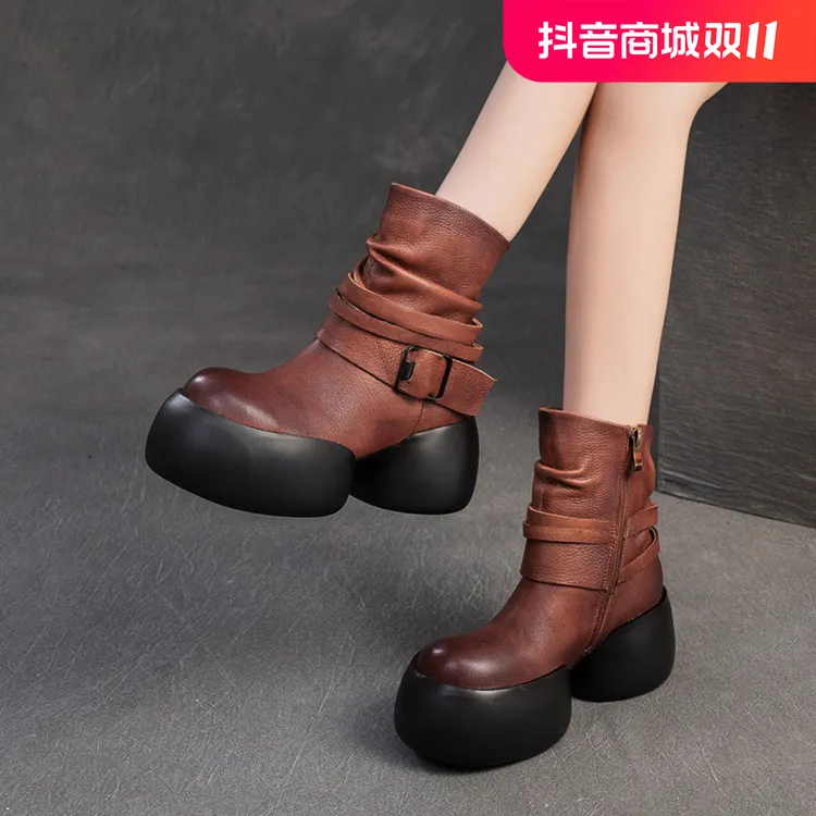 【真皮】2024冬季新款真皮增高堆堆短靴英伦风马丁靴简约舒适女鞋