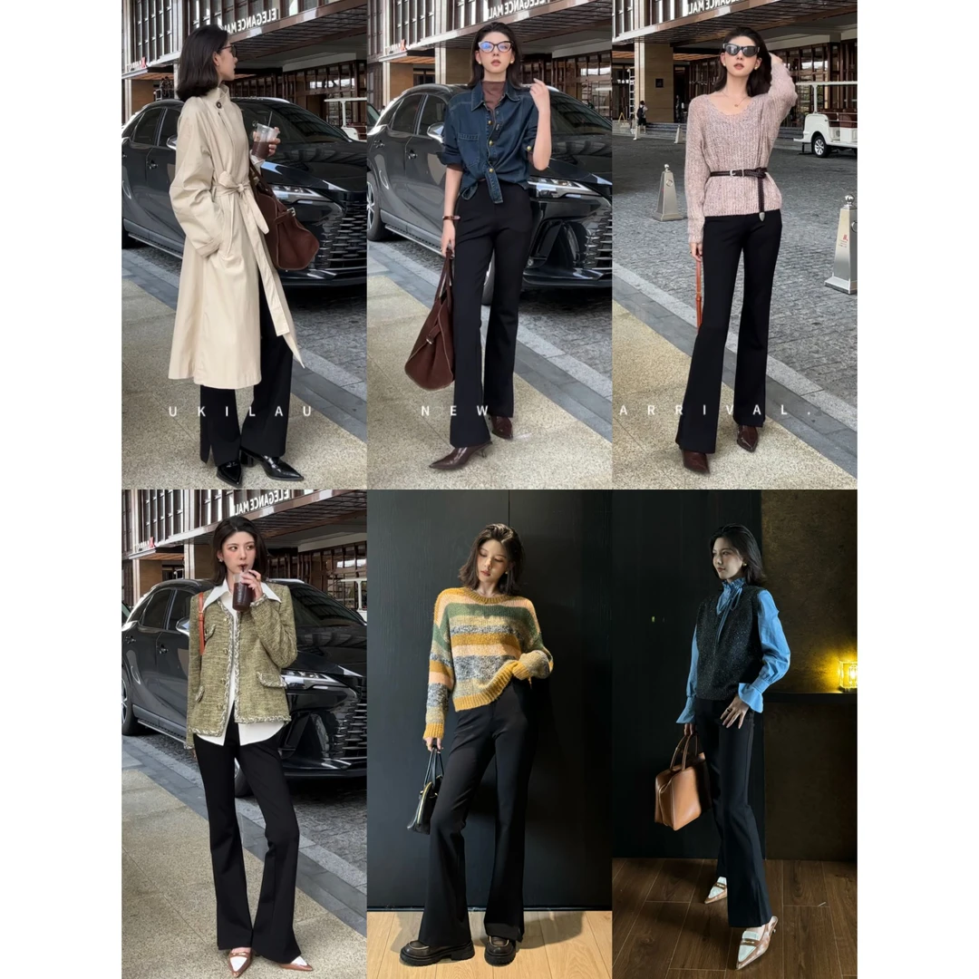 UKILAU【瘦瘦裤常规版]】  喇叭裤性感高腰显瘦微喇弹力长裤女