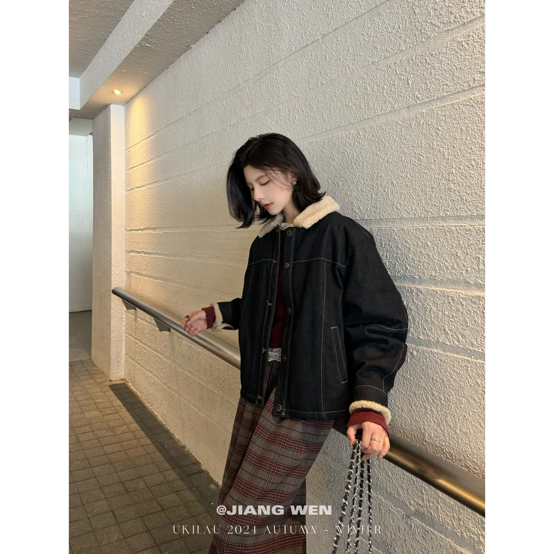 UKILAU【羽绒牛仔】翻领牛仔羊羔毛领加厚夹克羽绒服外套