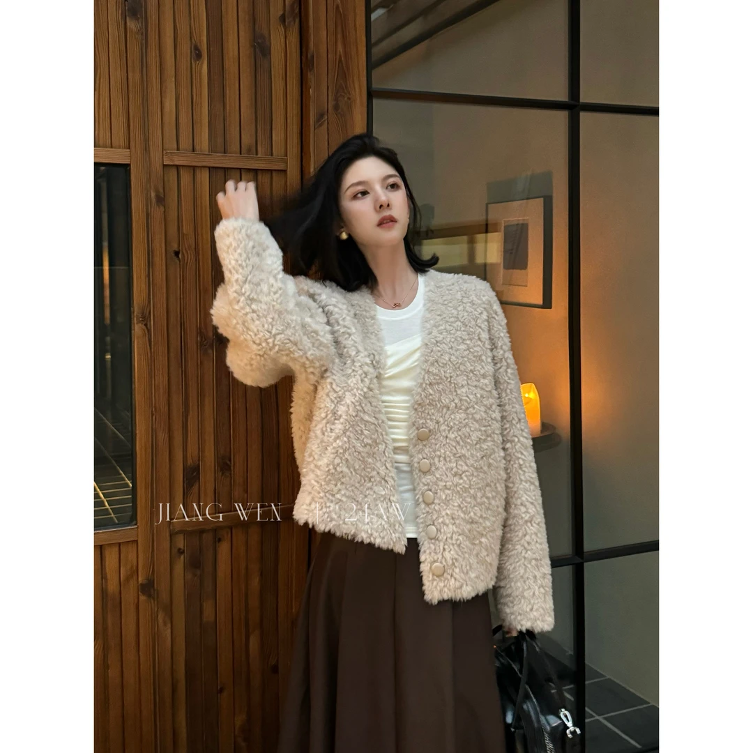 UKILAU【第一场雪】重磅V领毛毛气质名媛短款外套