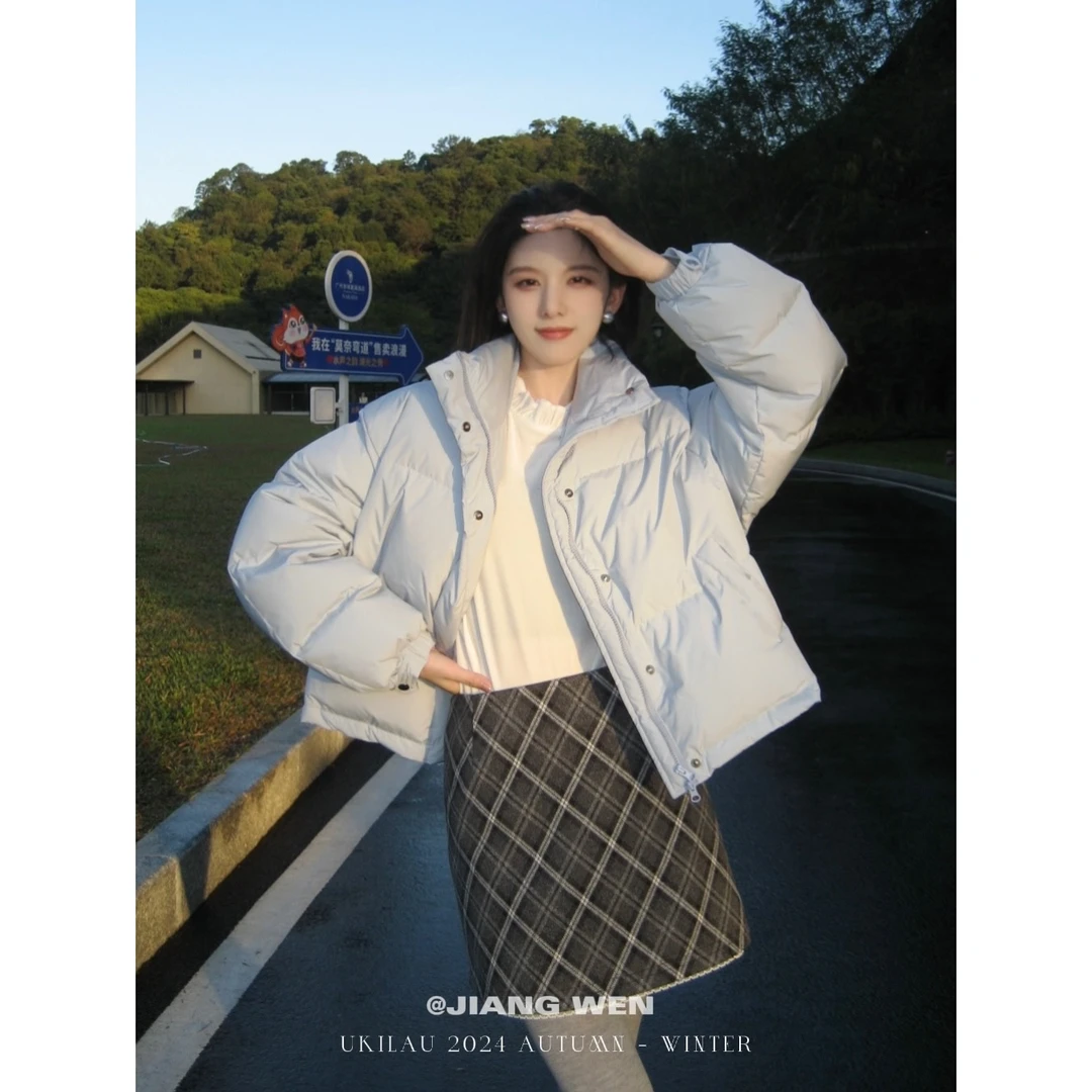 UKILAU【蓝泡泡】小个子蓝色白鸭绒面包服立领短款羽绒服