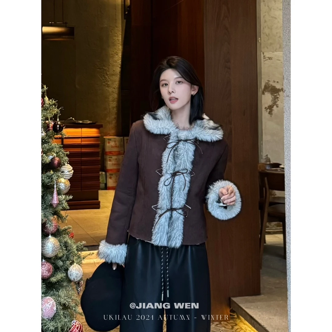 UKILAU【莱茵河畔】毛领皮绒毛毛宽松绑带高级感外套