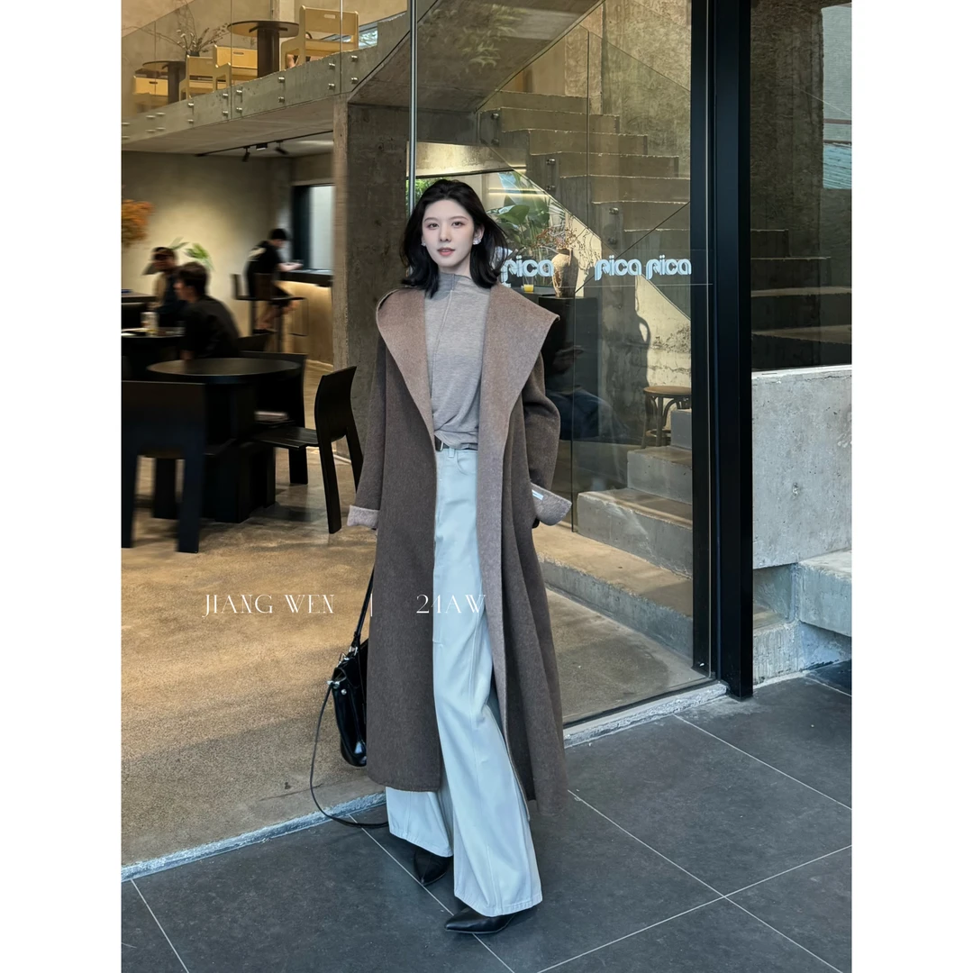 UKILAU【摩卡大衣】复古撞色连帽长款羊毛双面毛呢外套