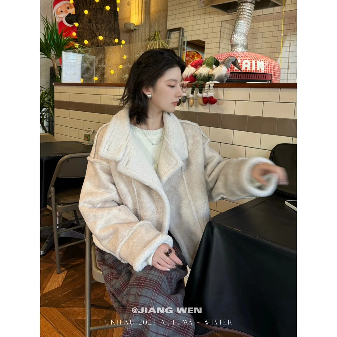 UKILAU【雾白】百搭机车服加厚保暖夹克廓形短款保暖外套