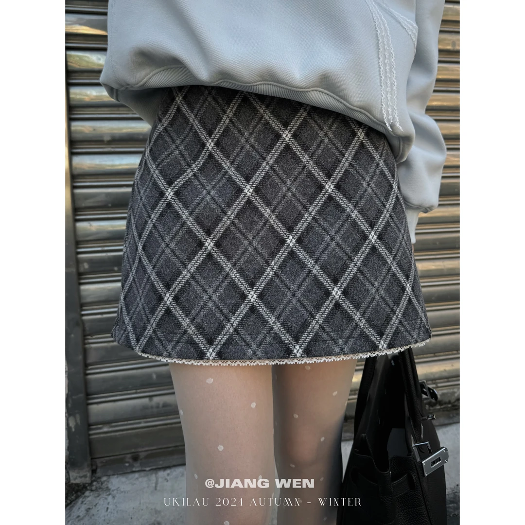 UKILAU【格纹半裙】miu系芭蕾风知识分子菱形灰色复古半裙