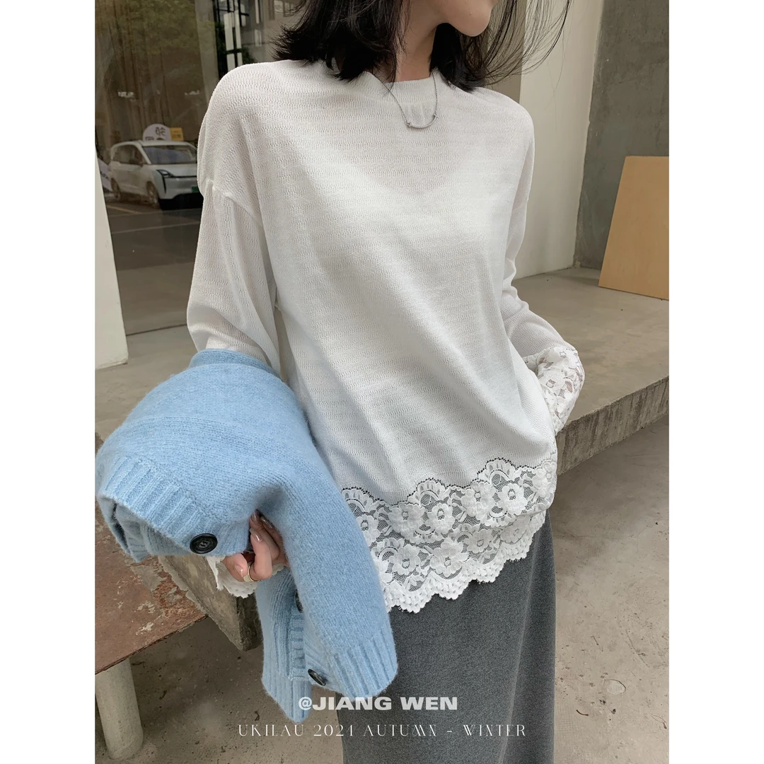 UKILAU【花瓣TEE】叠穿打底蕾丝拼接大版长袖T恤