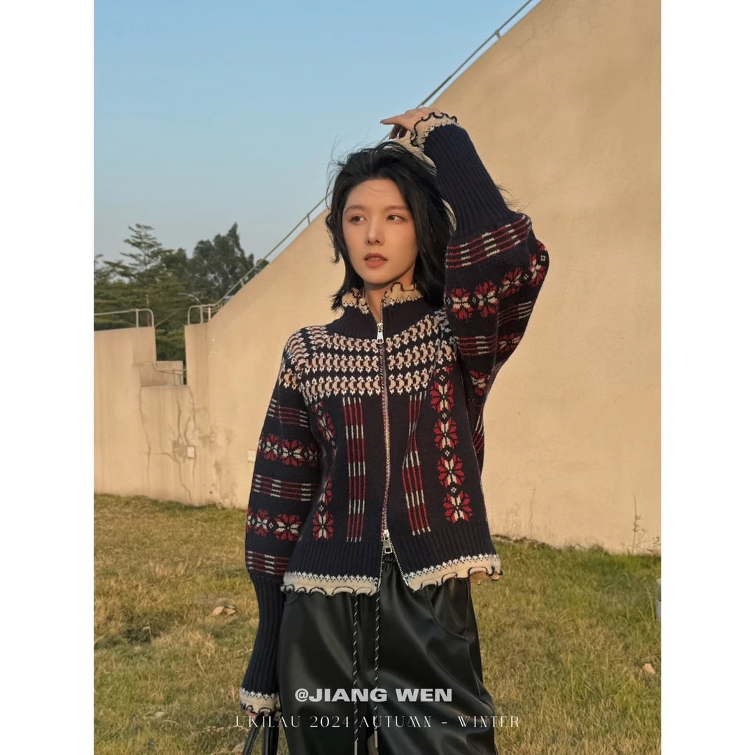 UKILAU【世外桃园】法式复古提花条纹设计感花边针织开衫