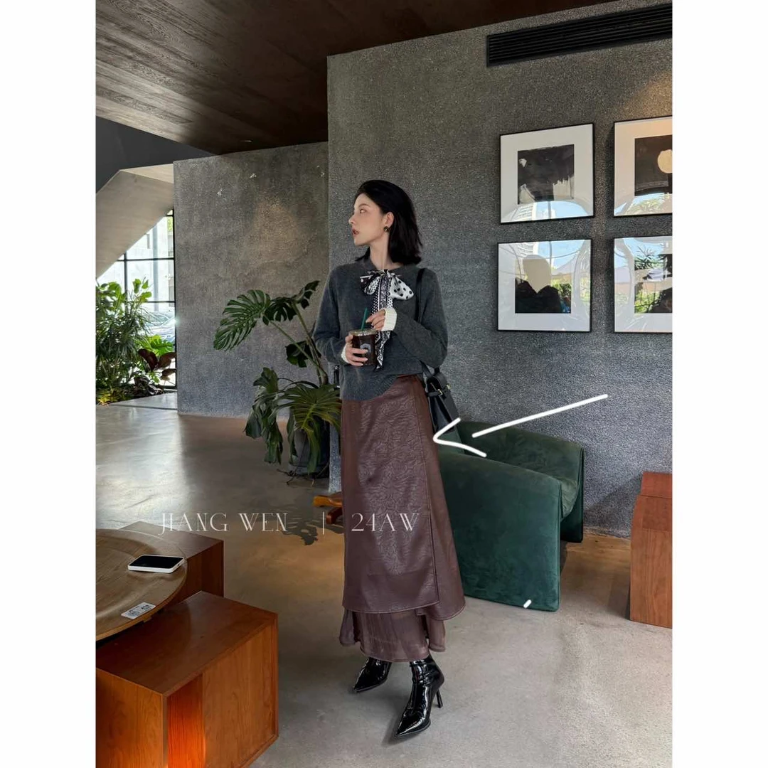 UKILAU【纹理半裙】设计感不规则拼接蕾丝缎面半身裙