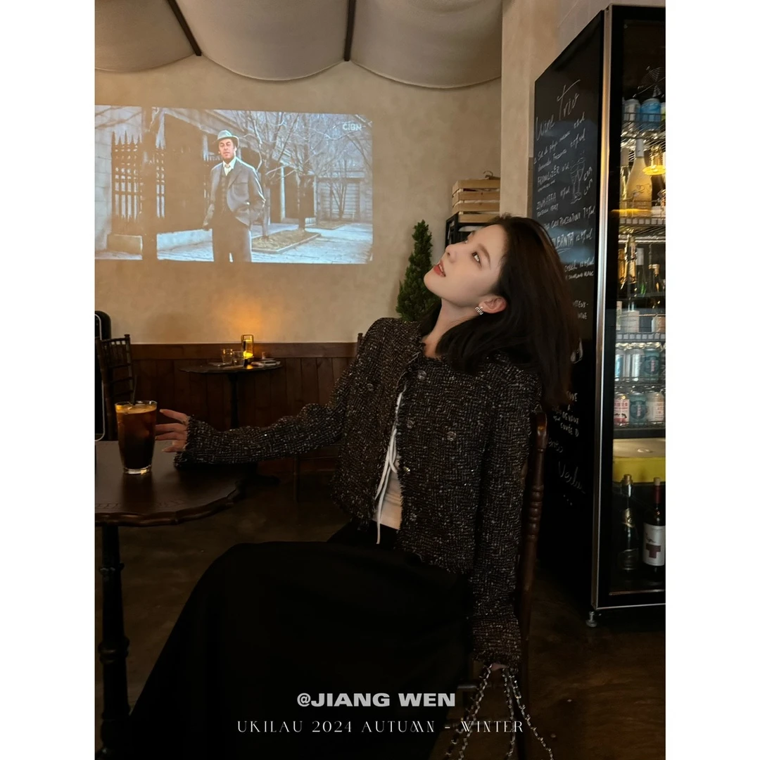 UKILAU爱乐之城  高级小香风毛边粗花呢编织复古格子上衣