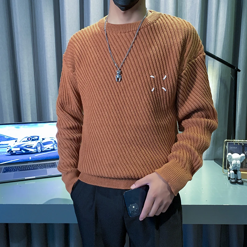 秋冬新款2024圆领毛衣男潮流百搭亮色套头针织线衣男士休闲百搭潮