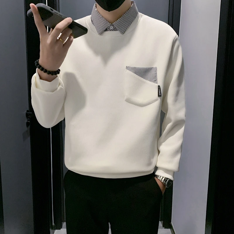 白色假两件条纹拼接翻领卫衣潮牌男秋季韩系穿搭男士内搭休闲上衣