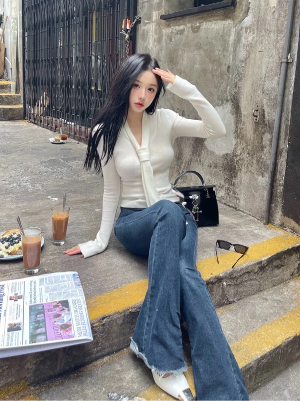 清仓不退换【高个子天菜裤】秒变韩漫S身材显瘦深蓝微喇牛仔裤长裤