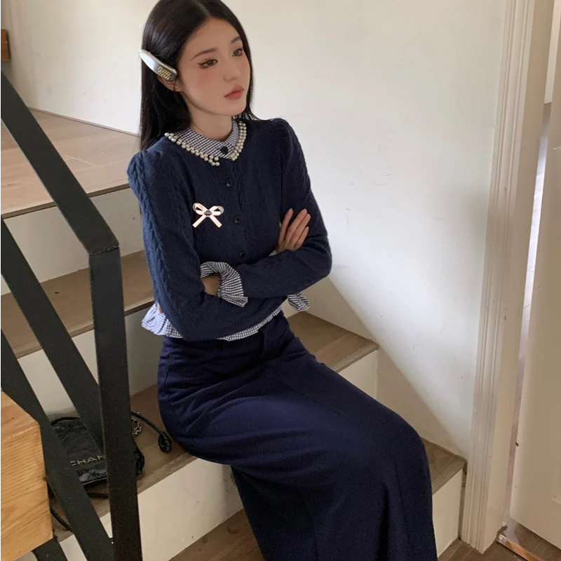 2024大码女装假两件拼接长袖设计款针织衫女+开叉长款半身裙套装