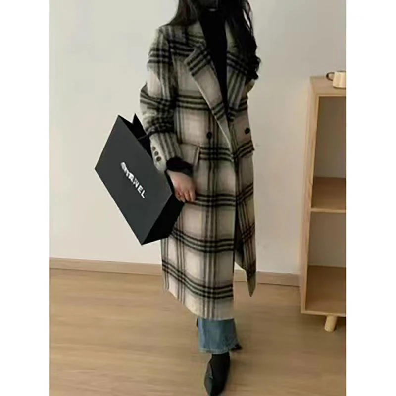 2024秋冬韩系高级感格子双面羊绒大衣女加长款羊毛呢外套