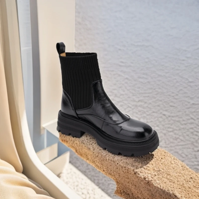 2296手抓羊短靴女2024新款复古圆头粗跟弹力瘦瘦靴袜靴