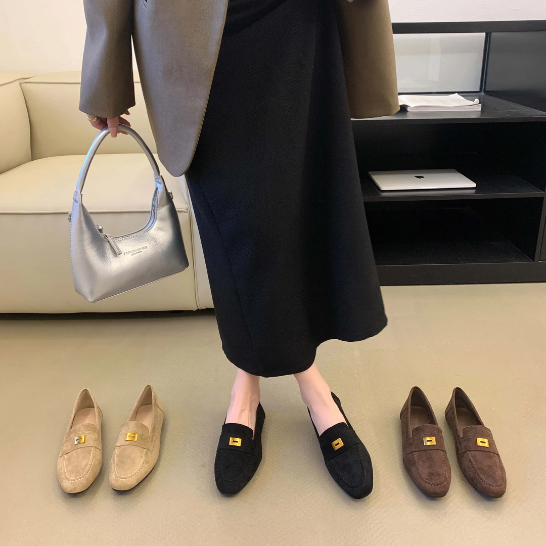 绒面金属方扣平底乐福鞋女春秋外穿圆头浅口一脚蹬软底豆豆鞋单鞋