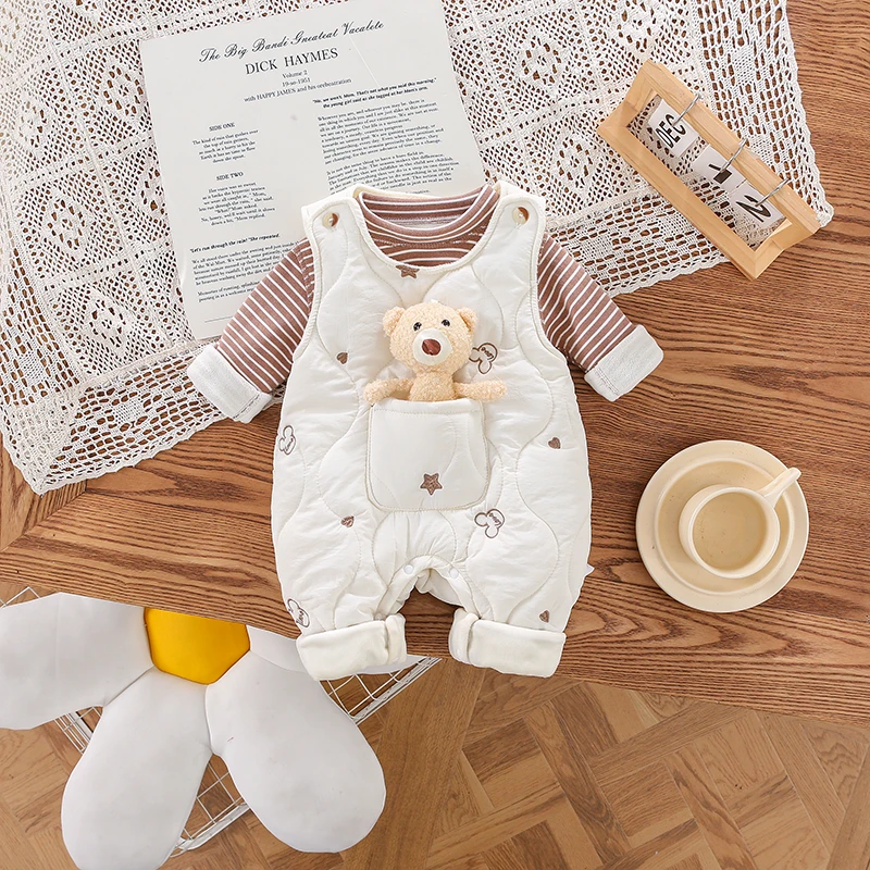 冬季男女宝宝韩版休闲外穿保暖加厚背带裤小熊宽肩加绒背带套装