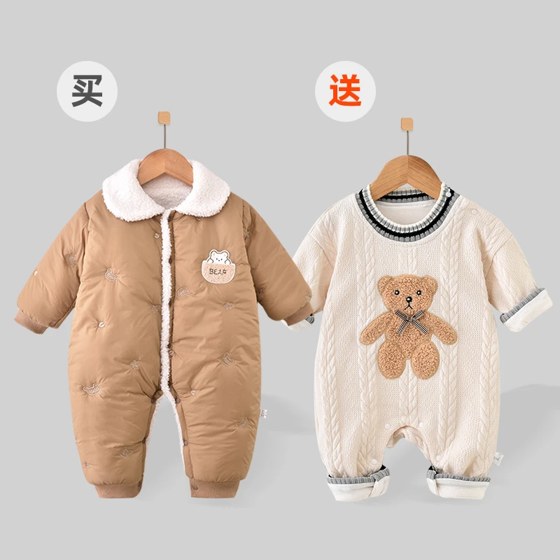 【买一送一】新生儿秋季加绒连体衣男女宝宝冬季薄棉哈衣卡通外出