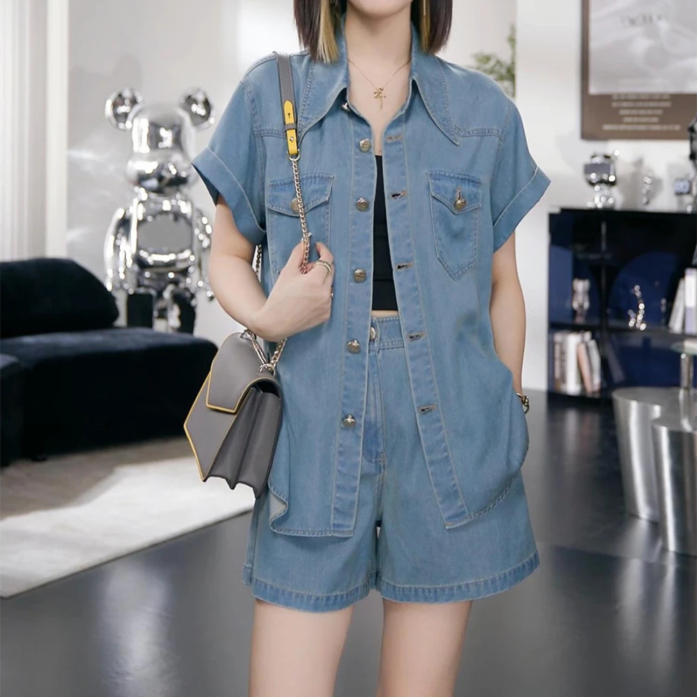 时尚休闲套装女夏小个子洋气减龄牛仔衬衫上衣宽松显瘦短裤两件套