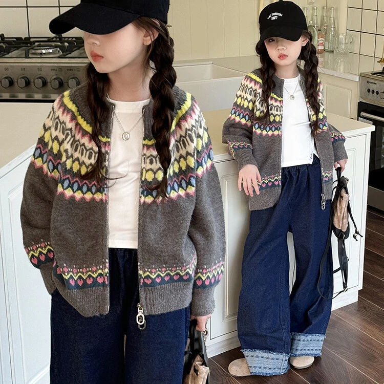 女童毛衣针织开衫外套2024新款女中大童漂亮洋气时尚休闲宽松潮酷