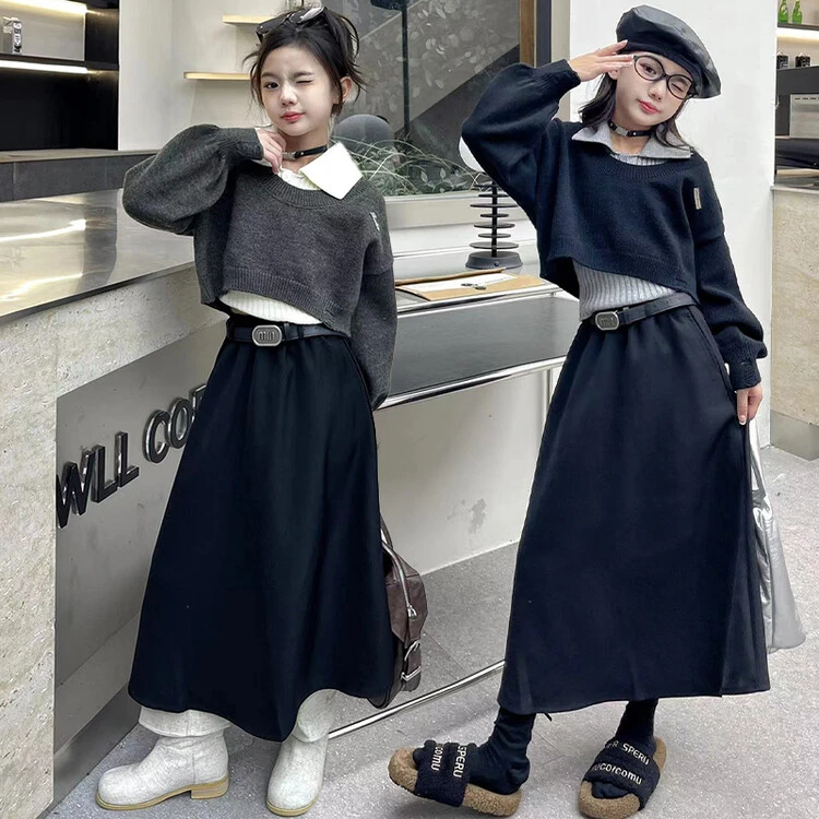 女童套装2025新款长袖针织衫小众洋气时尚休闲设计感半身裙两件套