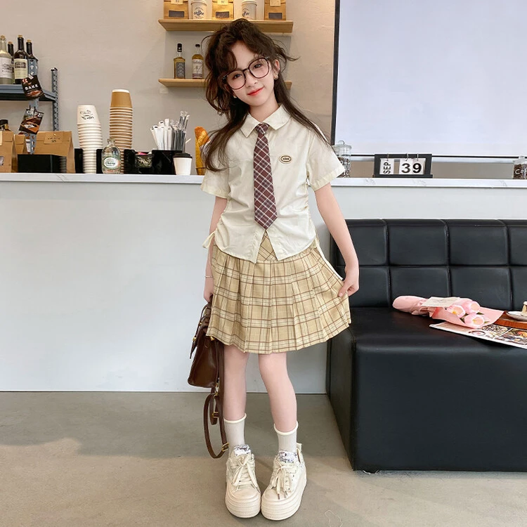 女童学院风jk百褶裙套装夏季2024新款小学生衬衫格子裙两件套女孩