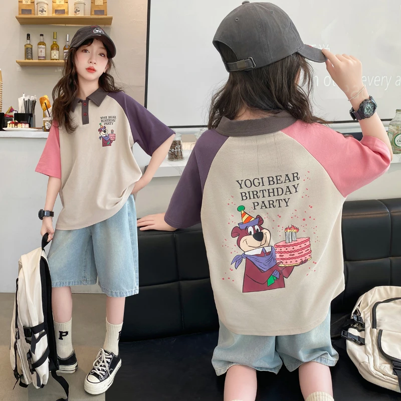 女童POLO衫短袖T恤牛仔裤套装2025夏装6-12岁15中大儿童休闲洋气