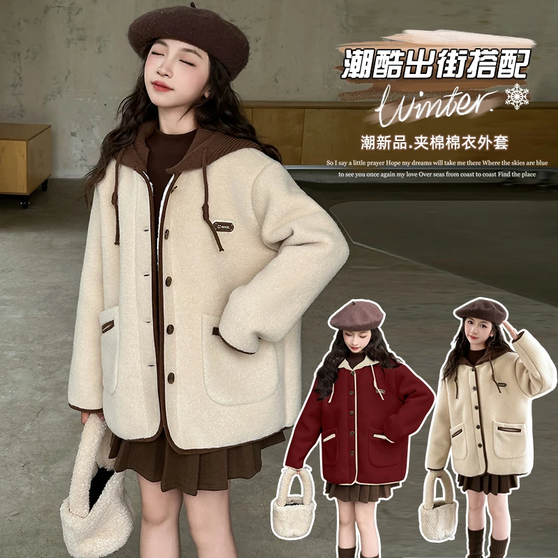 女童毛呢夹棉外套保暖儿童新款冬装英伦加厚中大童女孩棉衣冬款潮