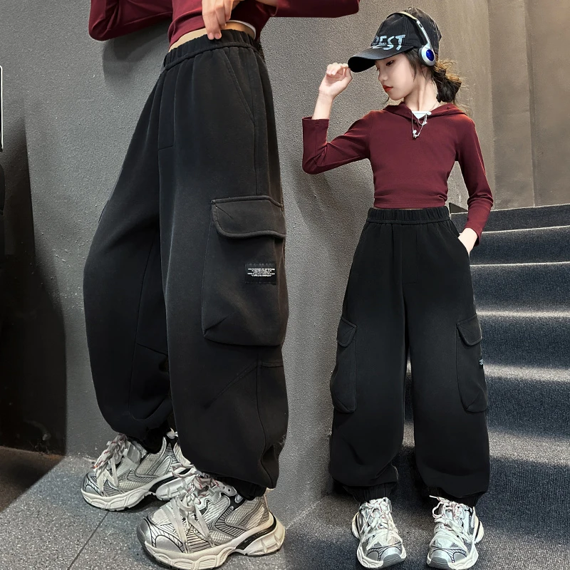 女童加绒加厚工装运动裤秋冬6-12岁15岁中大童休闲裤潮款时髦裤子