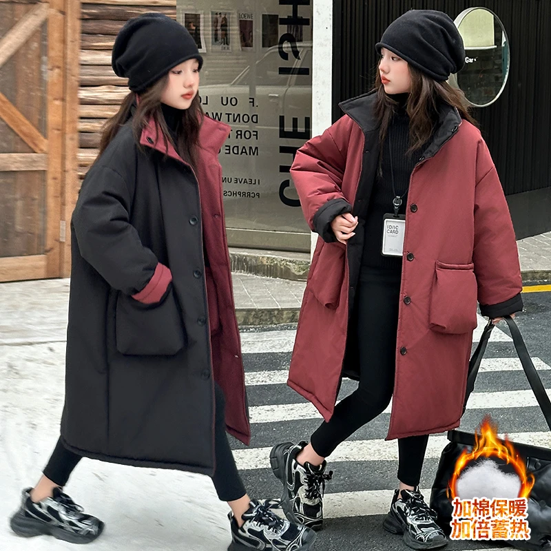女童棉袄中长款加厚洋气两面穿棉衣2024新款韩版大童冬季棉服外套