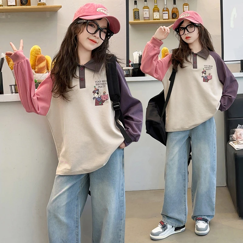 女童POLO衫牛仔裤套装2025春款6-12岁15女孩休闲宽松洋气百搭宽松