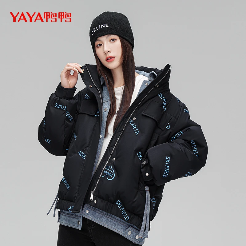 YAYA/鸭鸭时尚韩版印花宽松休闲百搭羽绒服潮流情侣加厚防风保暖