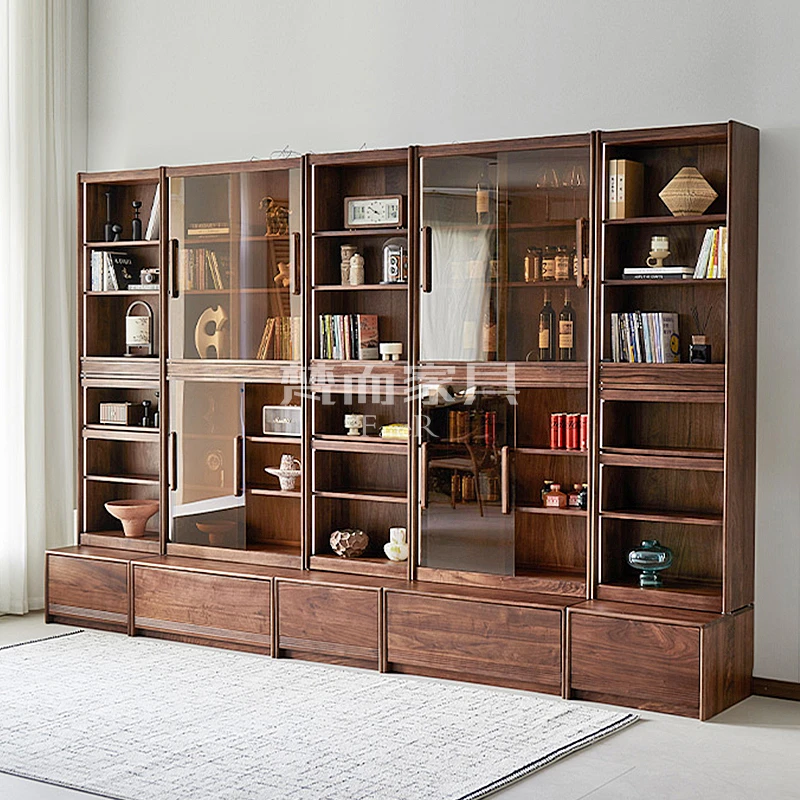 梵而北美黑胡桃实木书柜玻璃门组合置物柜落地储物展示柜卡座书柜