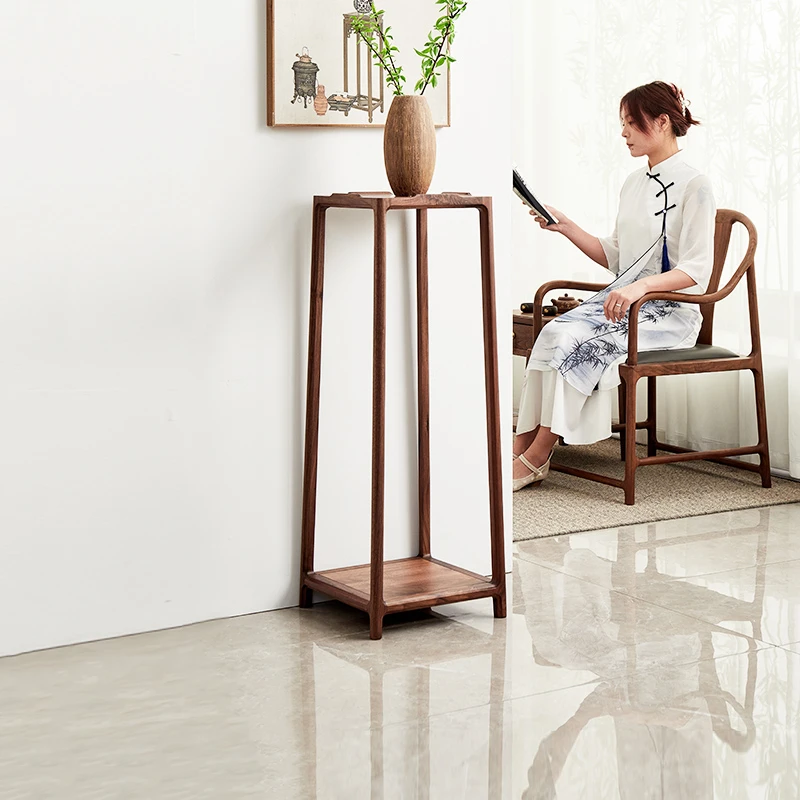 新中式花架花盆景架禅意黑胡桃木客厅简约置物架空谷花架