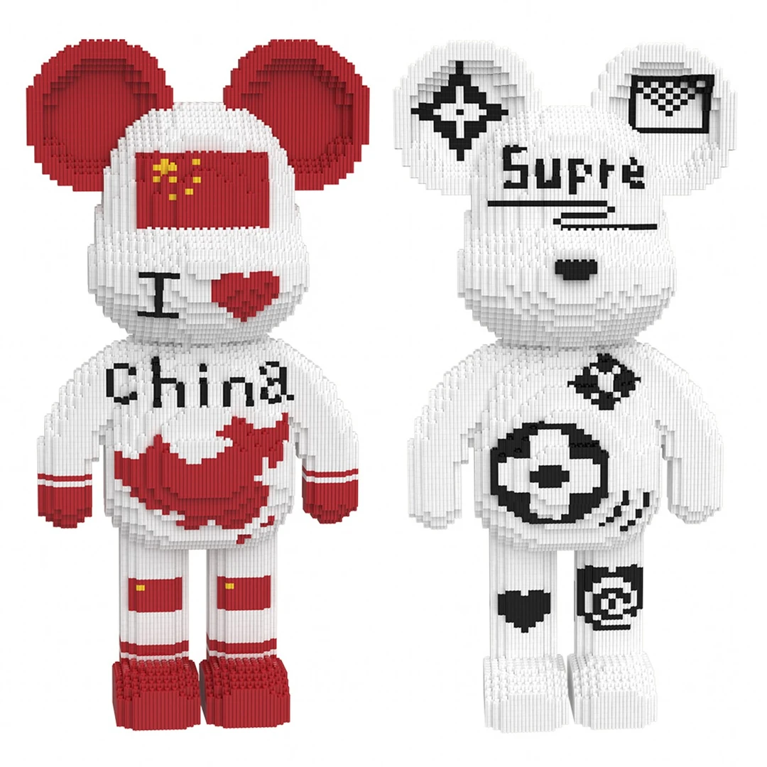 中国红熊+超白熊拼装积木小颗粒立体摆件益智亲子玩具礼物