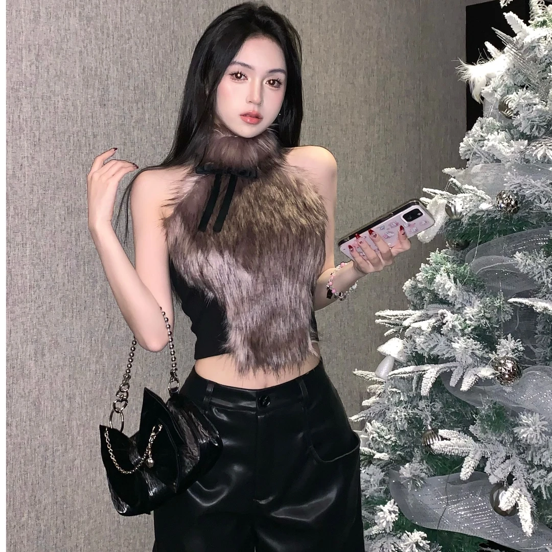 欲野蝴蝶  设计感纯欲小众蝴蝶结毛毛吊带辣妹背心外穿毛绒上衣女