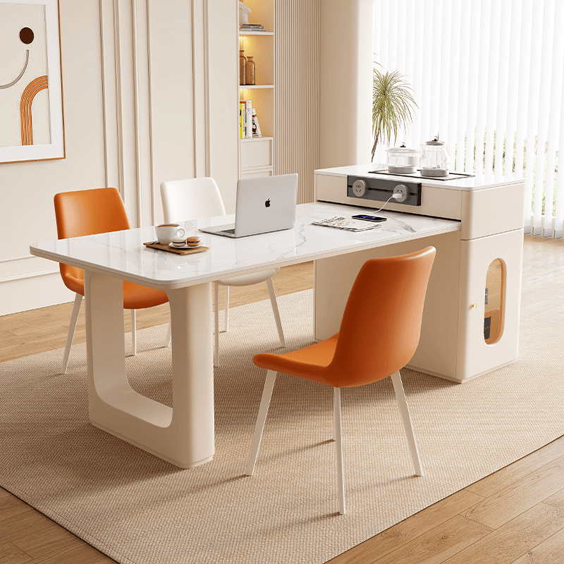 轻奢型家用可伸缩岩板岛台餐桌泡茶烧水一体两用茶桌小户型奶油风