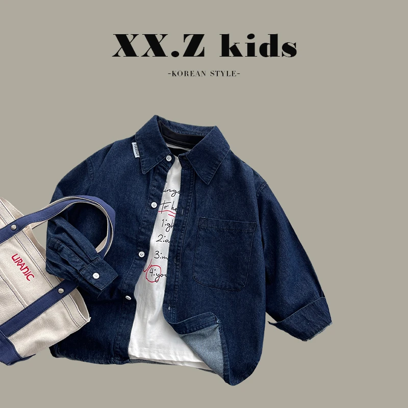 Q【现货】阿卷春秋装儿童纯色简约基础款宽松帅气牛仔衬衫23C071