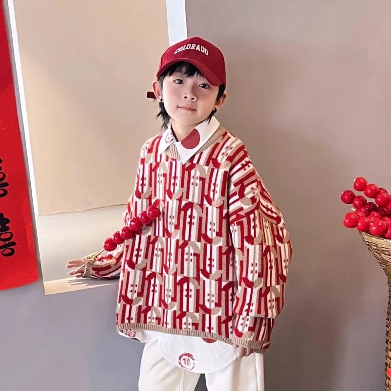 男童红色拜年服韩版儿童新年毛衣冬季中大童圆领打底针织毛线衣