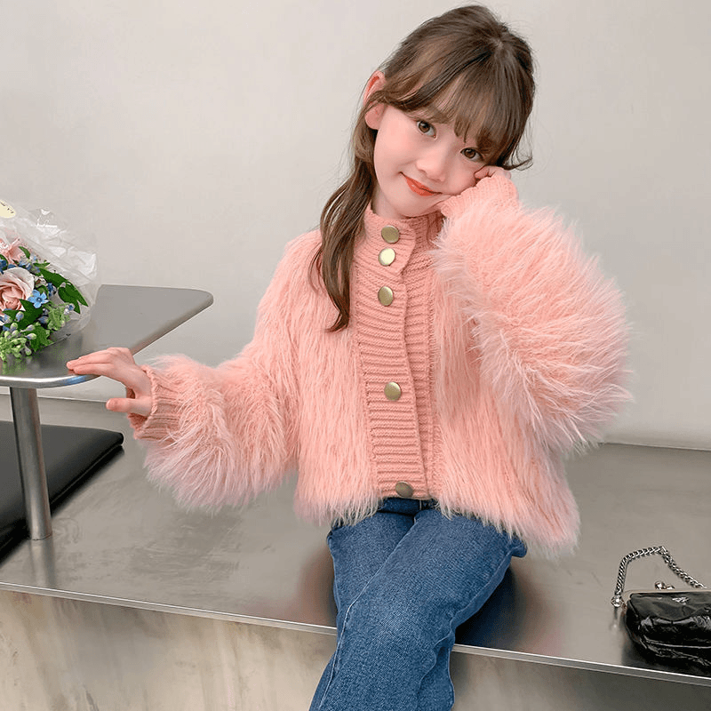 女童毛衣开衫2023秋冬新款儿童水貂绒中大童洋气加厚针织衫外套女