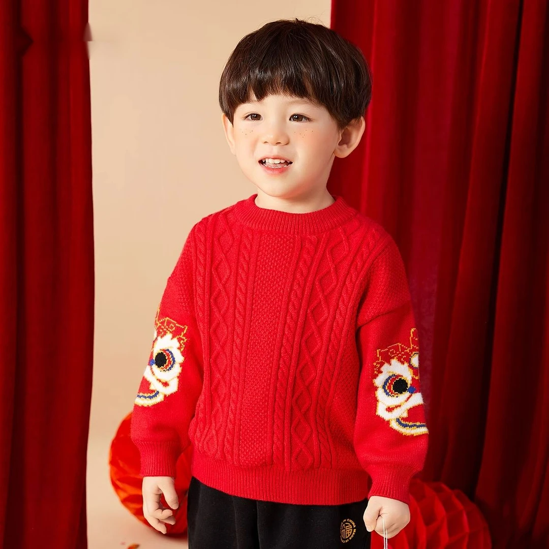 男女童洋气圆领毛衣2023秋冬新款红色加厚保暖针织衫宝宝拜年年款