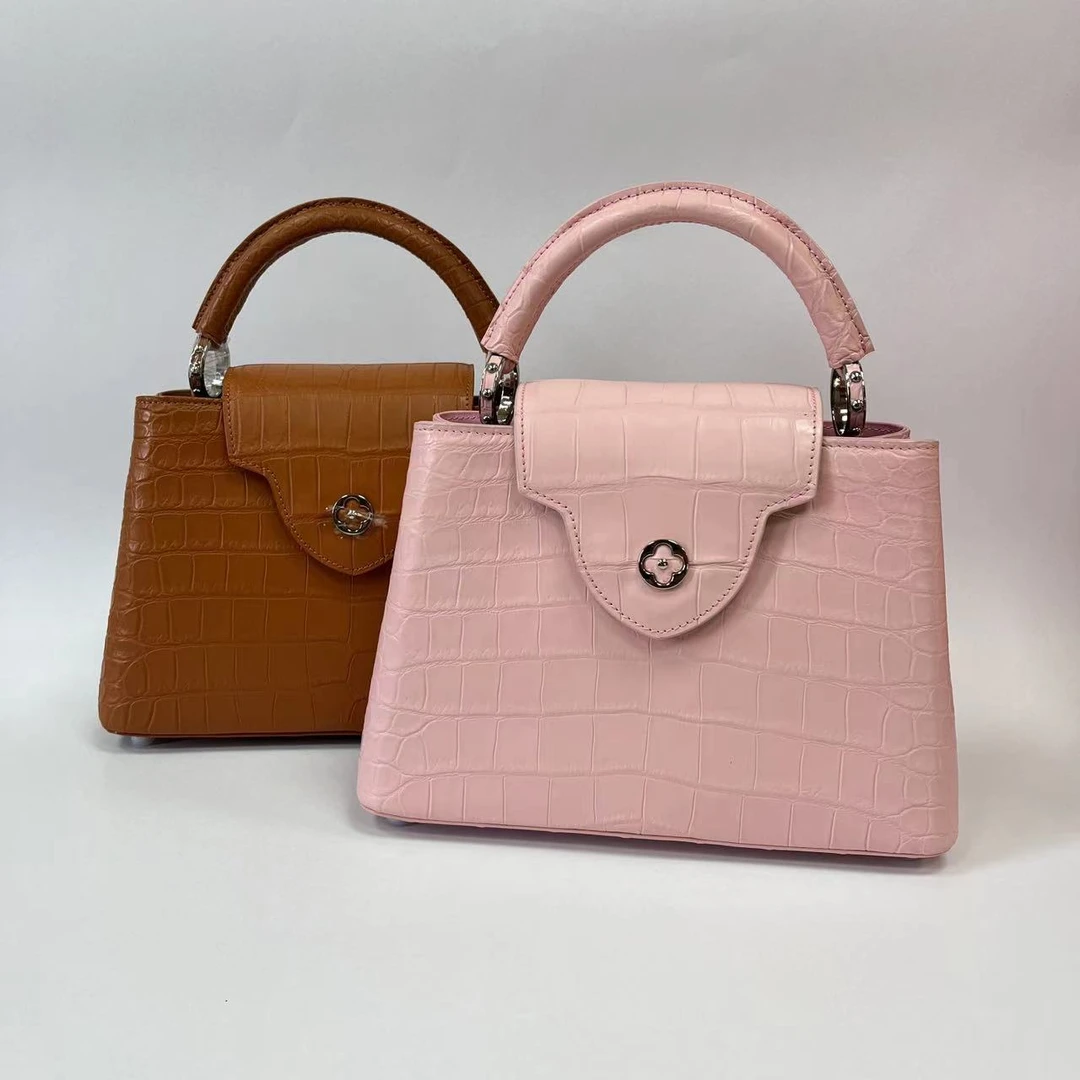 星耀高定鳄鱼皮雾面山茶花手提包单肩斜挎包轻奢时尚百搭大号27