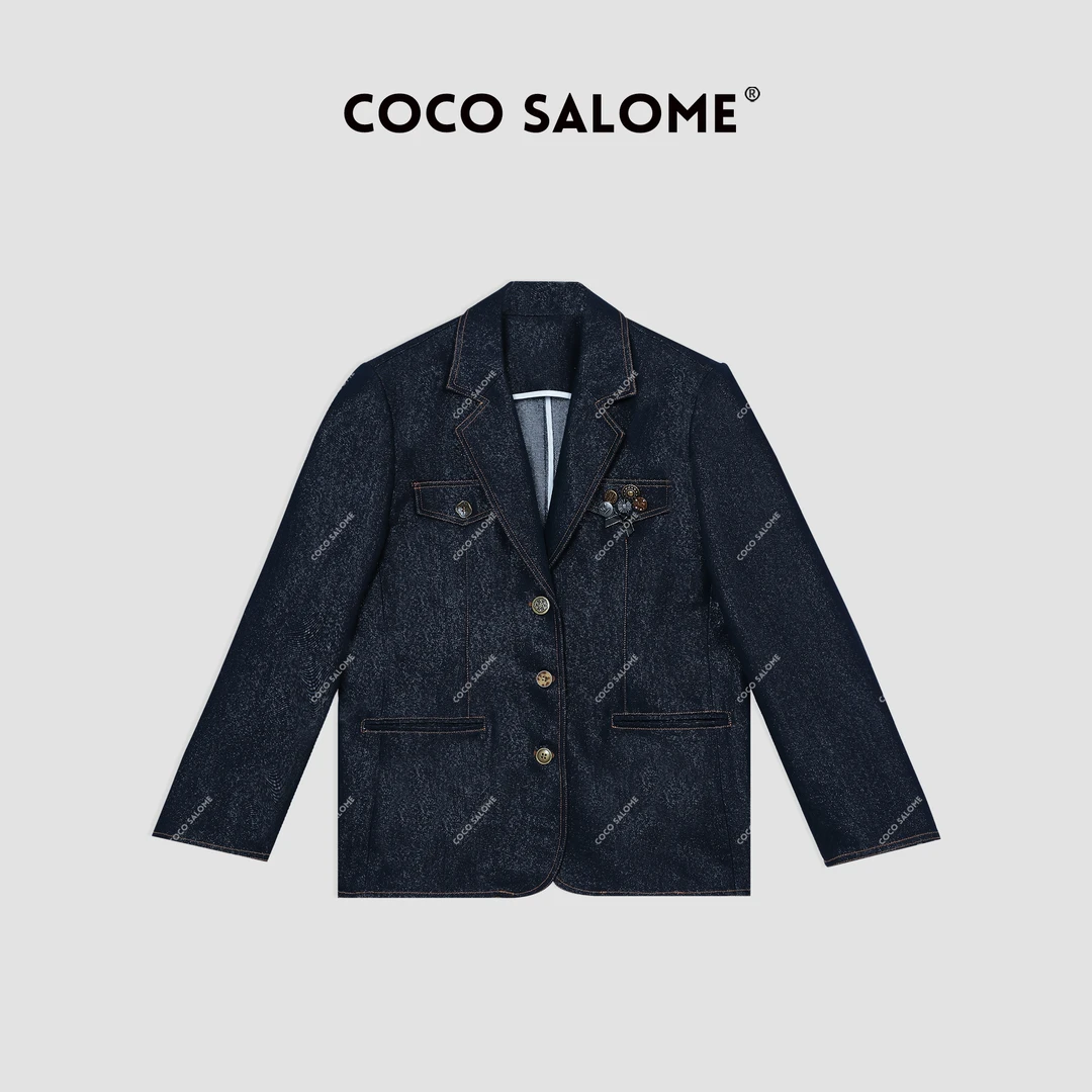 COCOSALOME①【尼古拉】秋冬设计师款轻奢气质百搭牛仔西装0550