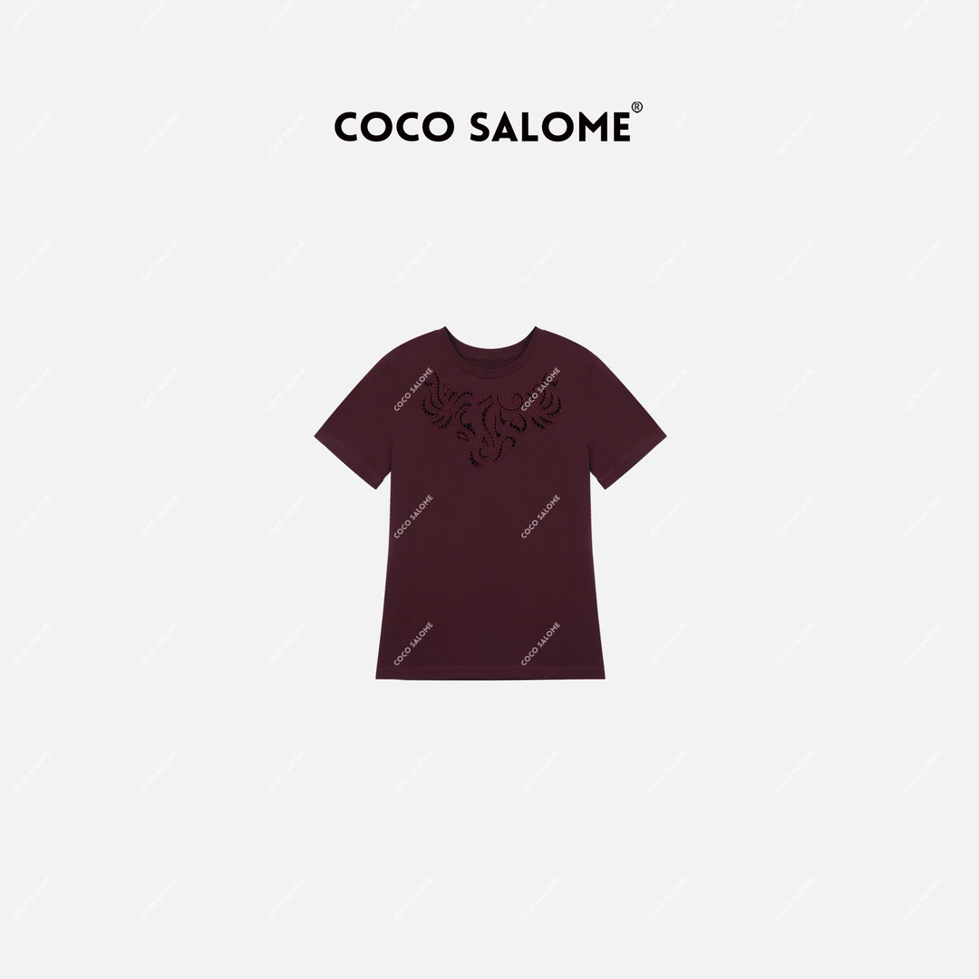 COCOSALOME①【花慕兰】100棉镂空酒红色上衣气质高级感短袖T恤580S