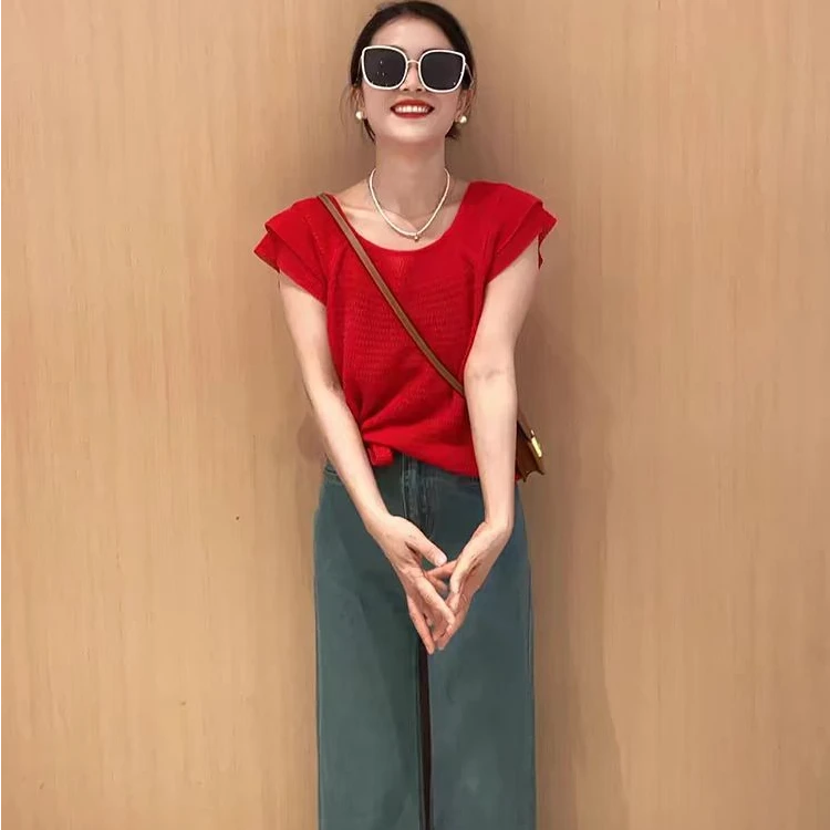 韩系红色冰丝小飞袖短袖t恤小个子短款别致针织衫坎肩上衣女夏季
