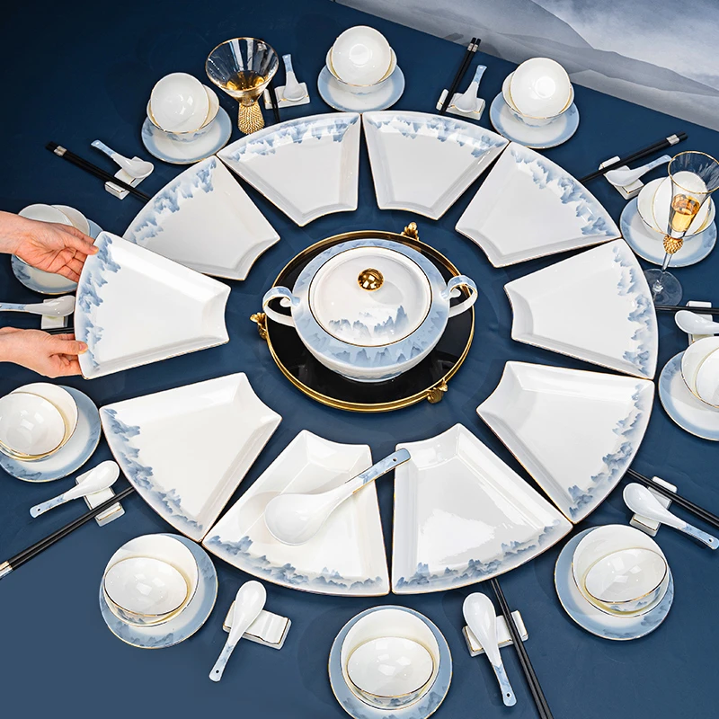 景产釉中彩千里江山80团圆碗盘骨瓷扇形盘碟碗盘餐具一套家庭用