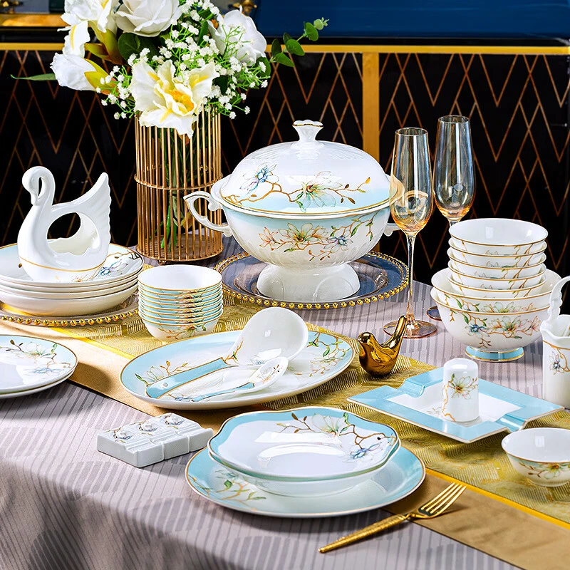 景产金枝玉兰 72件餐具套装网红中式碗盘套装家庭用骨瓷碗碗套装